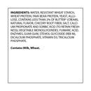 A list of ingredients for a food product, including water, various proteins, natural flavors, and preservatives, with a note indicating it contains milk and wheat.