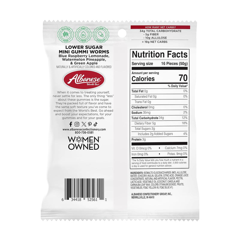 Albanese World's Best Lower Sugar Mini Gummi Worms, 1.76oz