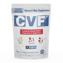 A resealable bag of CVF Natural Fiber Supplement, featuring a blue and white design, highlights its benefits for bowel health and digestion, with illustrations of cereal, vegetables, and fruits.