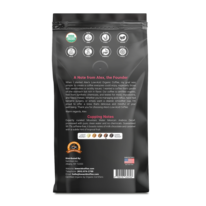 Alex's Low Acid Organic Coffee™ - Decaf Whole Bean (12oz)