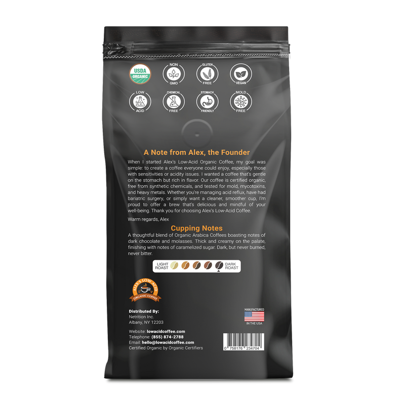 Alex's Low Acid Organic Coffee™ - French Roast Whole Bean (12oz)
