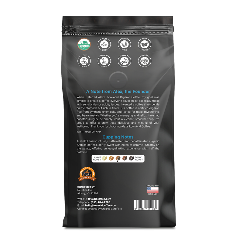 Alex's Low-Acid Organic Coffee™ - Half Caff Whole Bean (12oz)