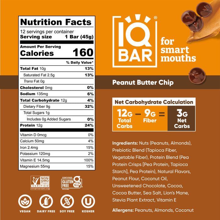 IQBar Vegan and Keto Protein Bars - Peanut Butter Chip