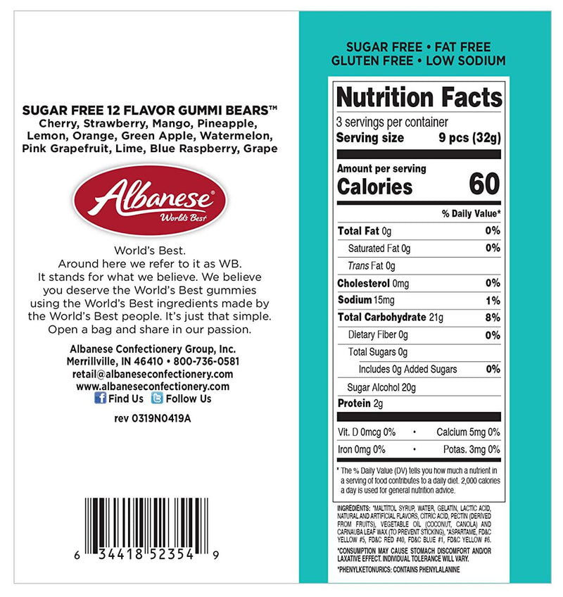 Albanese World's Best Sugar Free 12 Flavor Gummi Bears 3.5 oz 