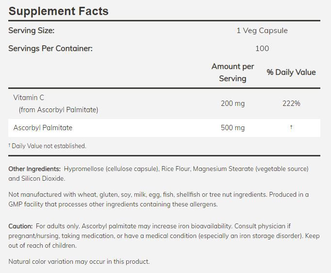 NOW Ascorbyl Palmitate 100 veg capsules 