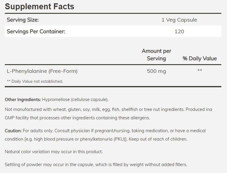 NOW L-Phenylalanine 120 veg capsules 