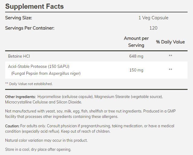 NOW Betaine HCl 120 veg capsules 