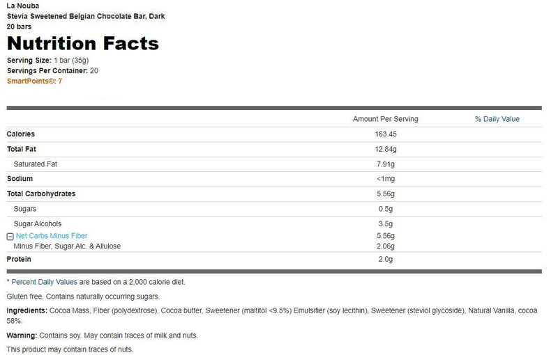 La Nouba Stevia Sweetened Belgian Chocolate Bar