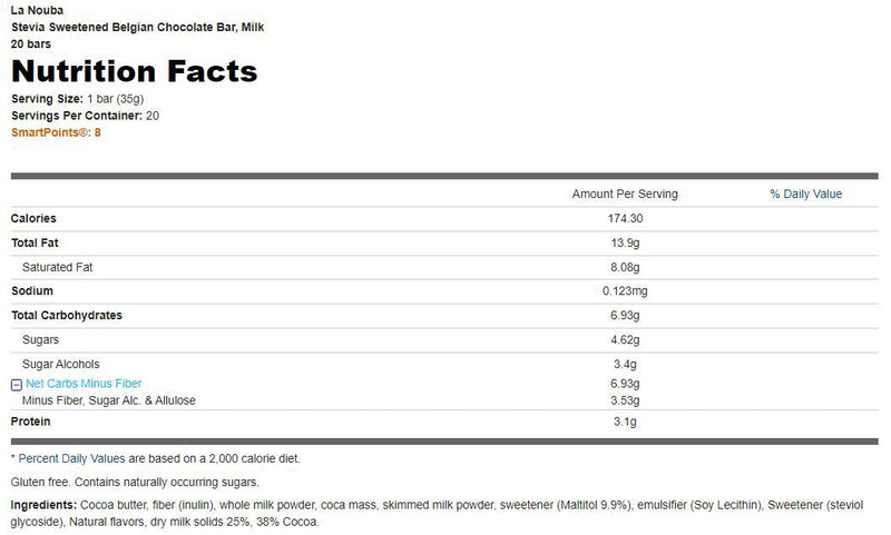 La Nouba Stevia Sweetened Belgian Chocolate Bar