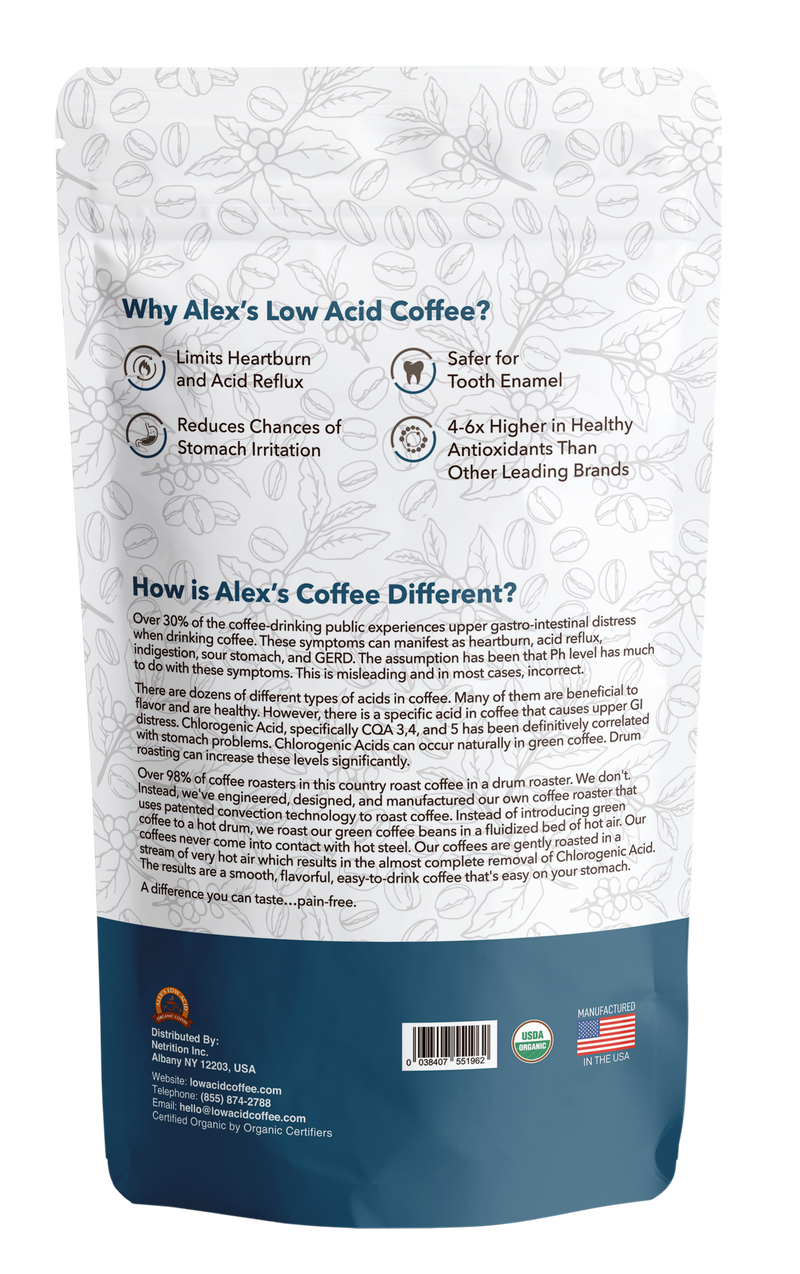 Alex's Low-Acid Organic Coffee™ - Half Caff Whole Bean (12oz)