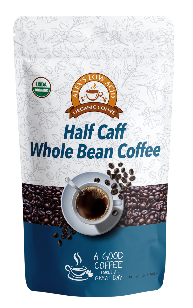 Alex's Low-Acid Organic Coffee™ - Half Caff Whole Bean (12oz)