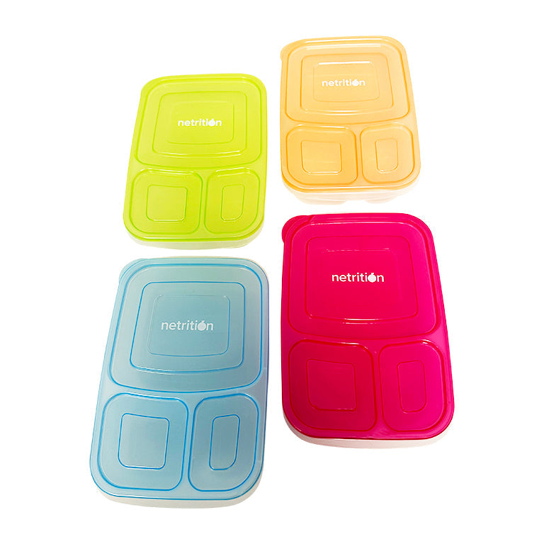 Reusable 3-Compartment Food Containers & Bento Lunch Boxes for School, Work, and Travel by Netrition (Set of 4)