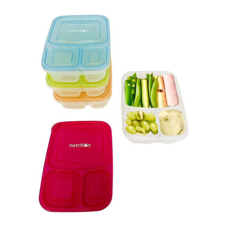 Reusable 3-Compartment Food Containers & Bento Lunch Boxes for School, Work, and Travel by Netrition (Set of 4)