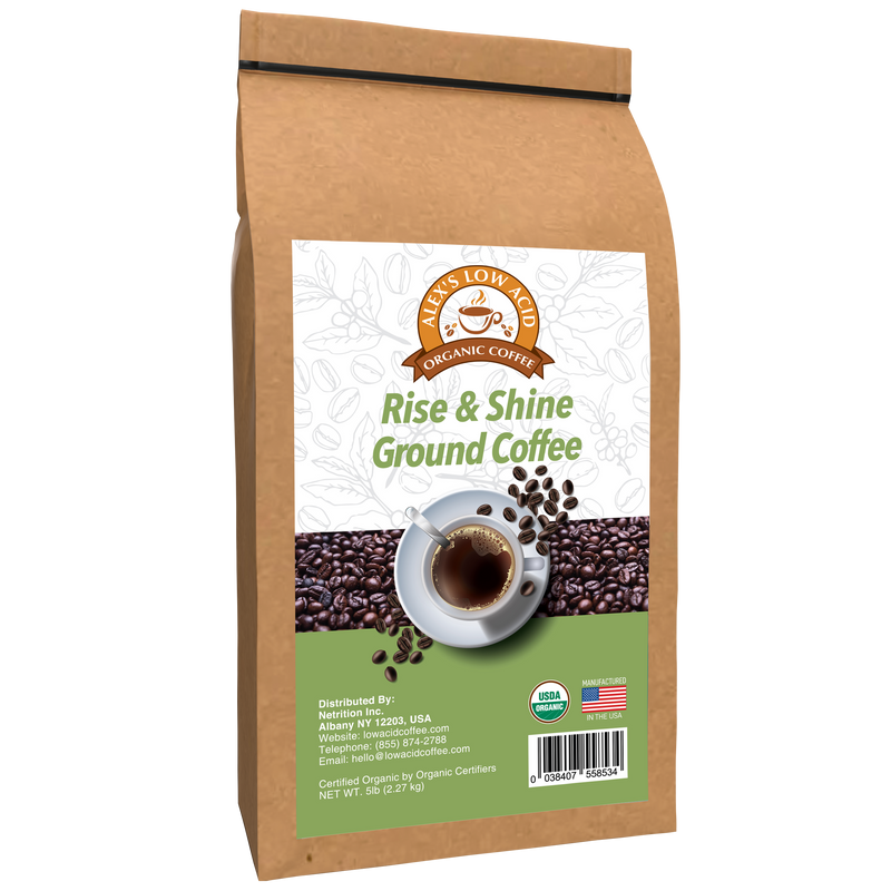 Alex's Low Acid Organic Coffee™ - Rise and Shine Fresh Ground (5lbs)